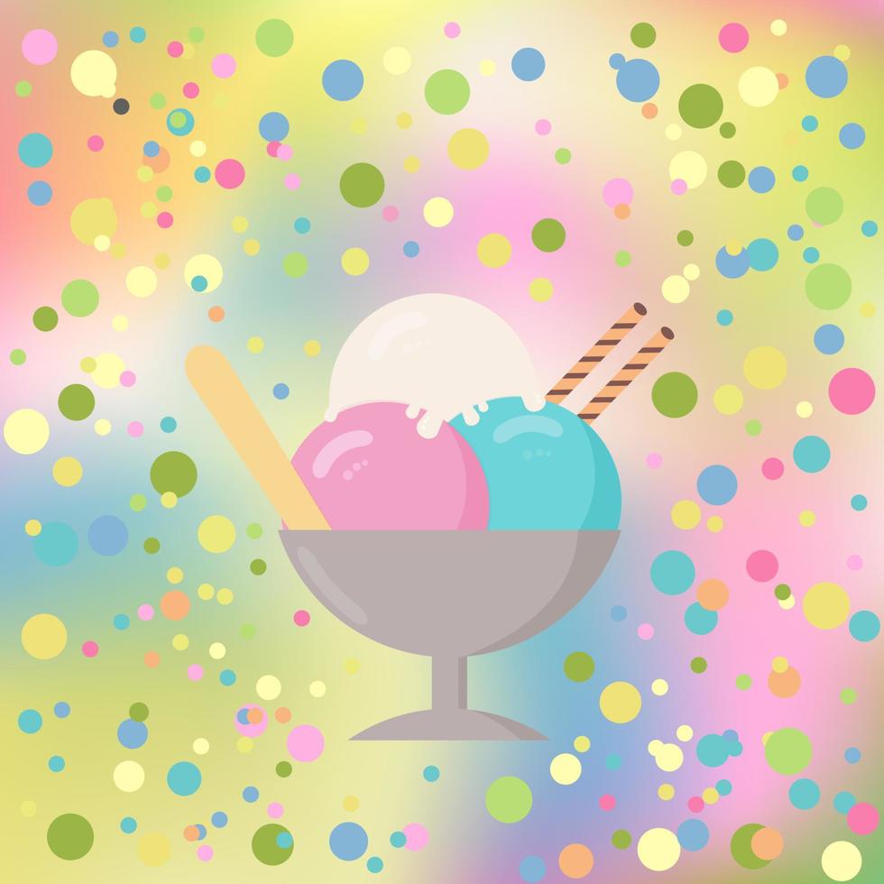 Ice cream in a cup on a blurred background with colorful confetti. Concept of summer desserts and kids birthday party celebration.  Vector illustration.