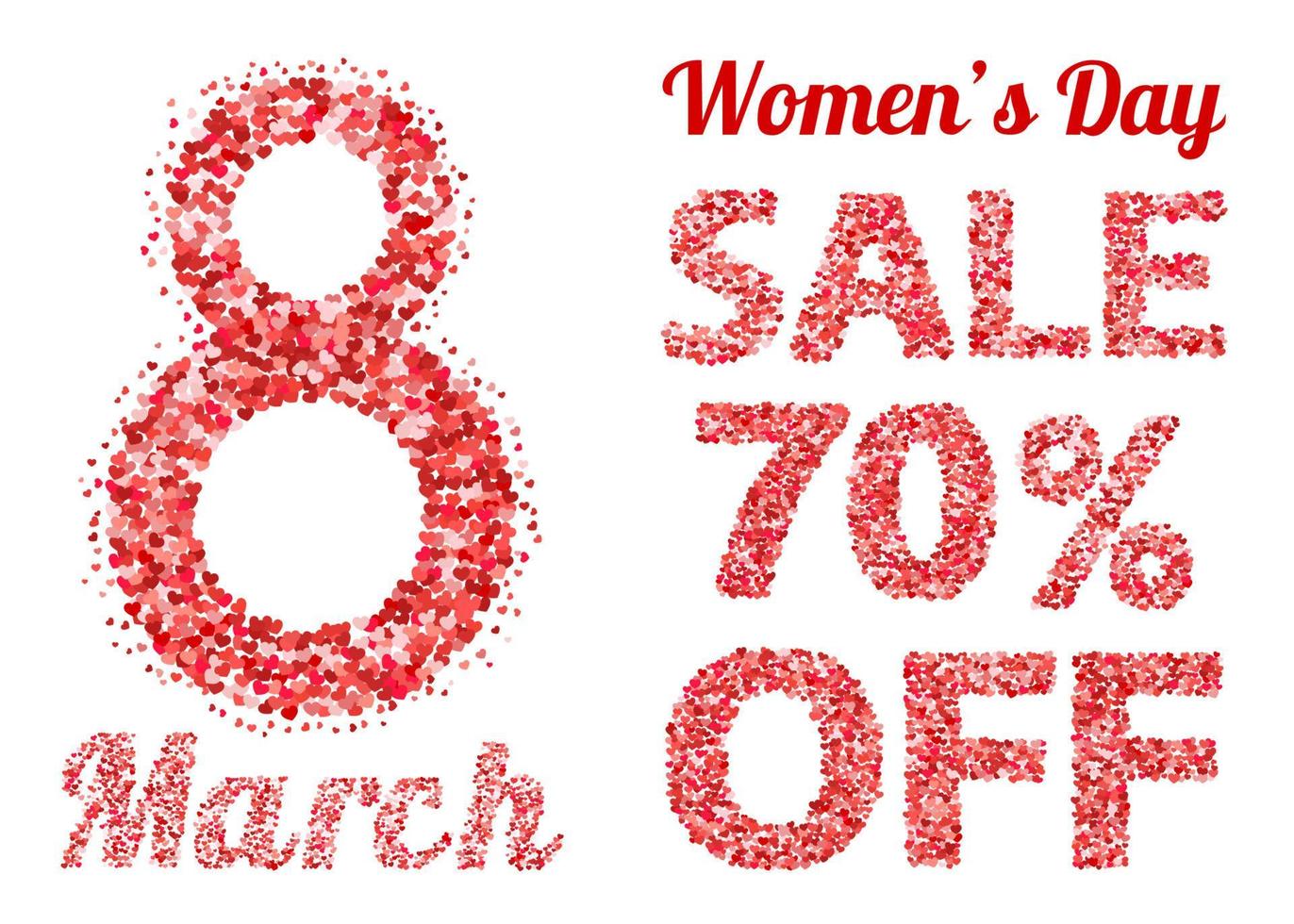 International Women's Day sale banner with letters and numbers of scattered hearts confetti. March 8 vector illustration isolated on white background.  Easy to edit design template.