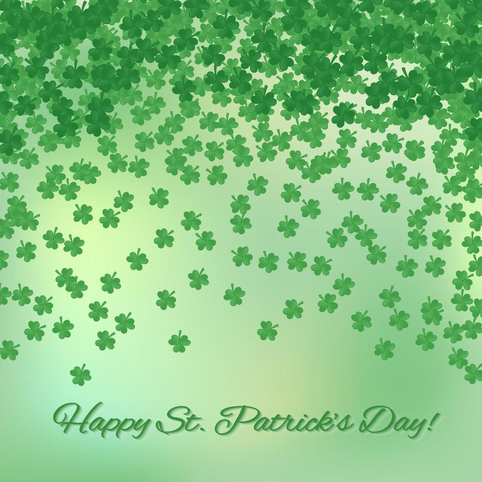 fondo verde del día de san patricio con confeti de tréboles cayendo. feliz st. tarjeta de felicitación del día de patricks. ilustración de vector irlandés tradicional. plantilla de diseño fácil de editar.