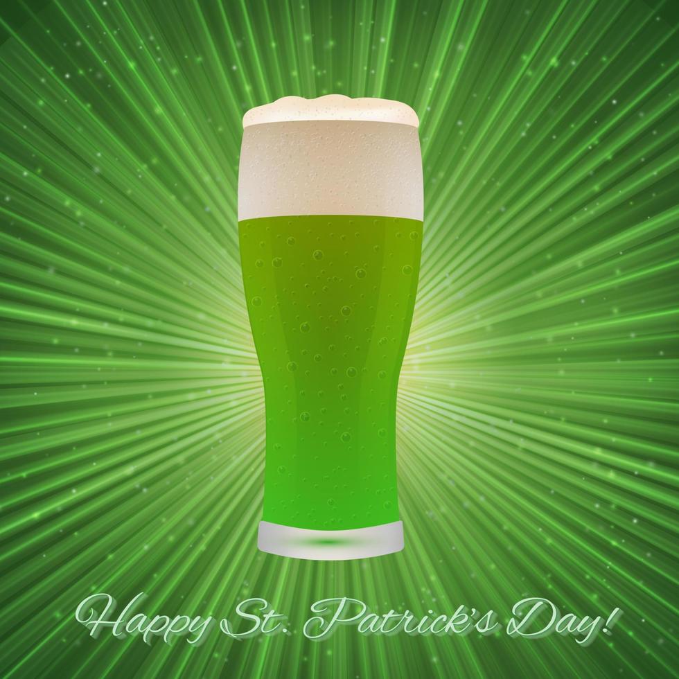 St. Patrick's Day greeting card on a bright green background with beer glass. Easy to edit vector design template for your artworks.