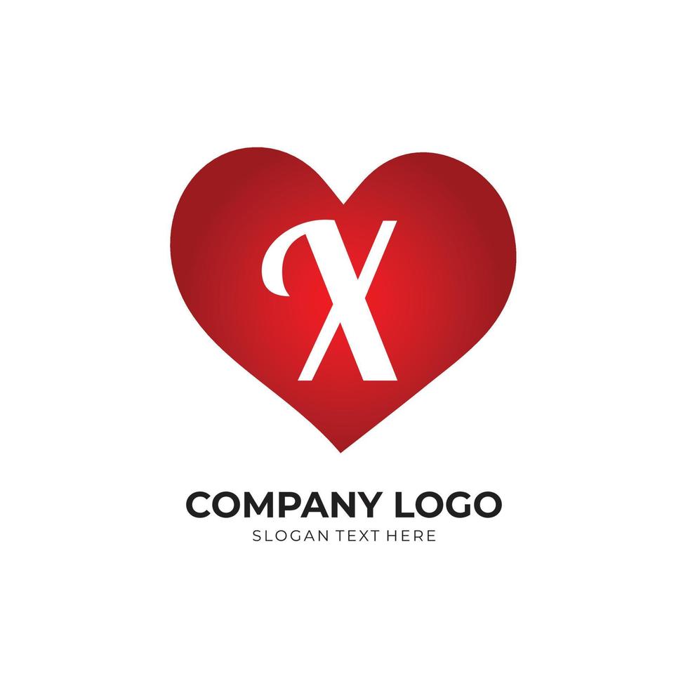 X letter logo with heart icon, valentines day concept vector