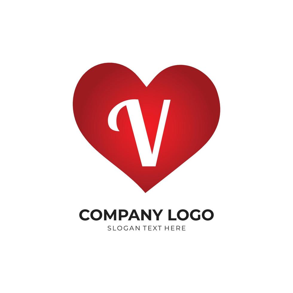V letter logo with heart icon, valentines day concept vector