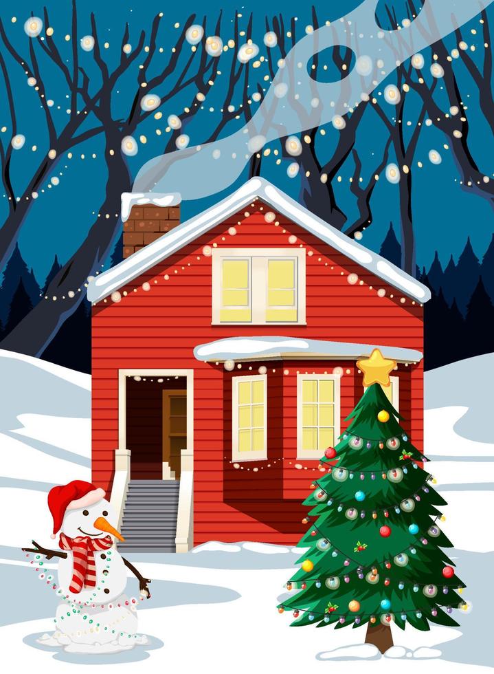 Christmas winter scene with a house and decorated Christmas tree vector