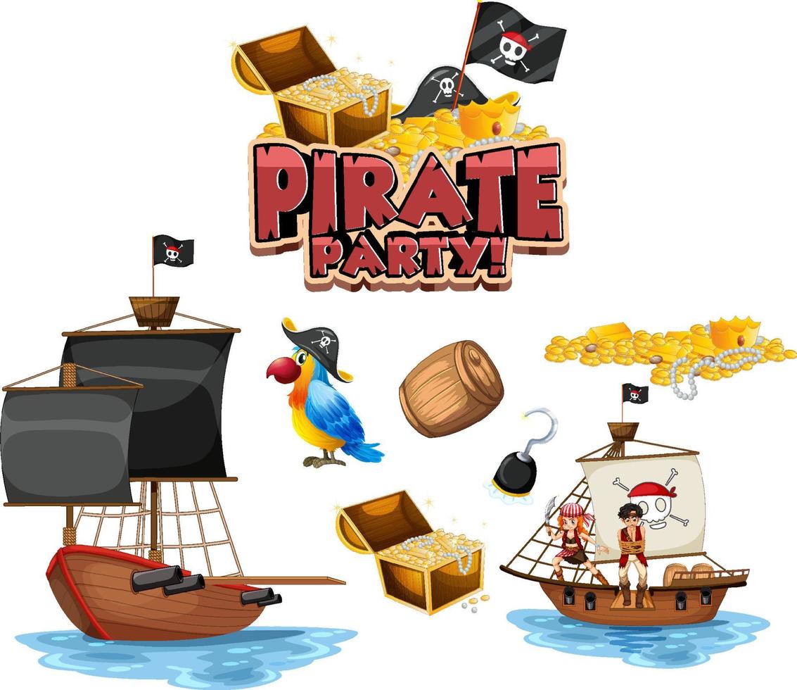 Set of pirate cartoon characters and objects vector
