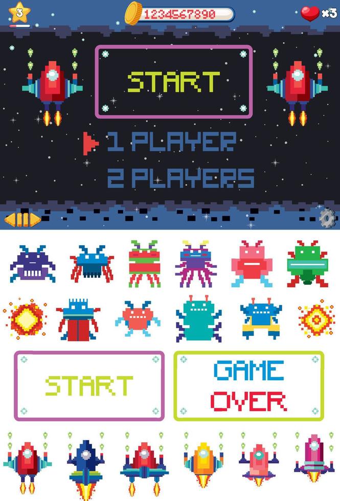 interfaz de juego de espacio de píxeles retro vector