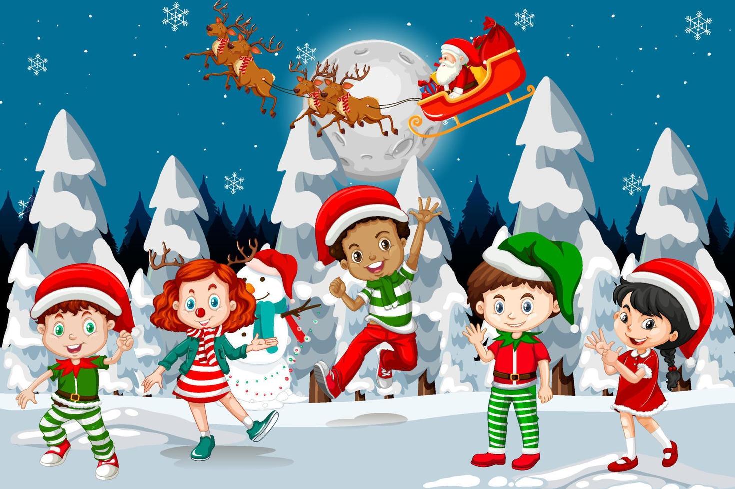 Christmas winter scene with happy children vector