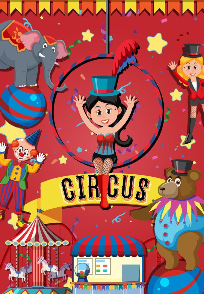 Circus banner design with magician and circus character vector