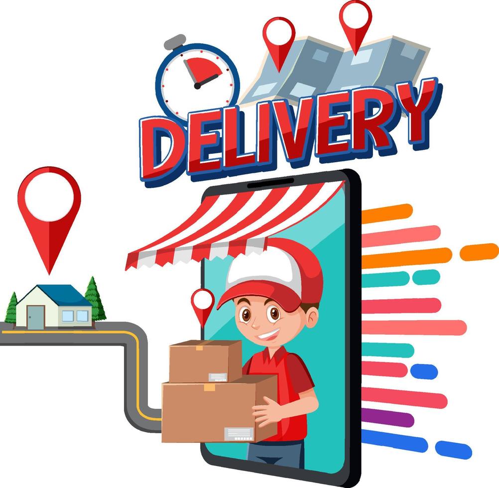 Delivery wordmark with courier on smartphone display vector