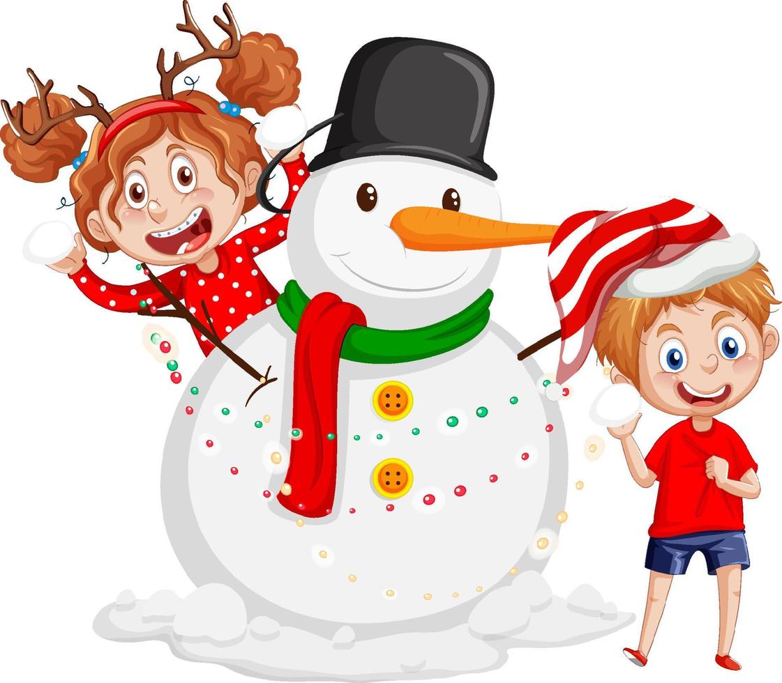 muñeco de nieve de navidad con personaje de dibujos animados de niños felices vector