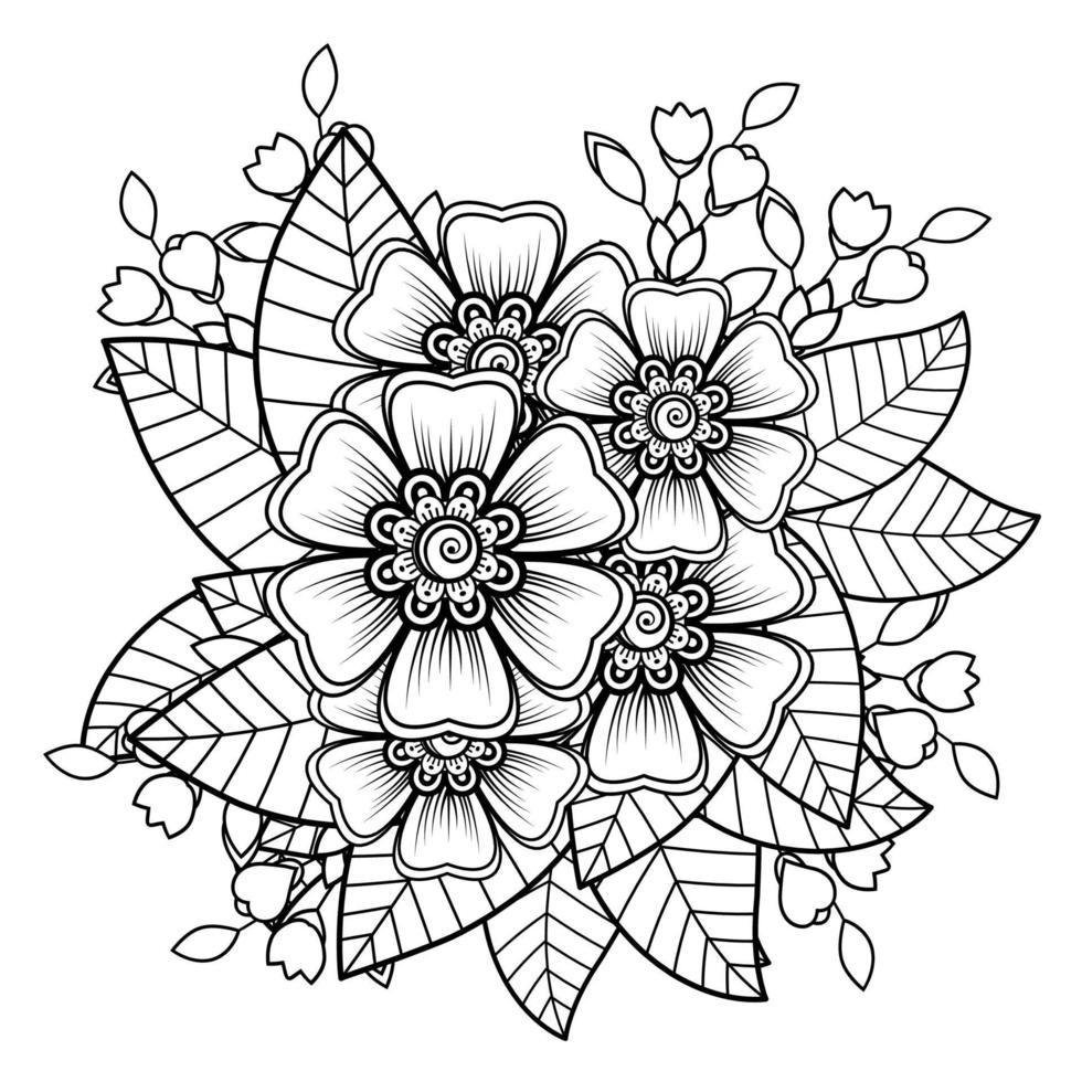 flor mehndi para henna, mehndi, tatuaje, decoración. adorno decorativo en estilo étnico oriental, adorno de doodle, dibujo a mano de contorno. página de libro para colorear. vector