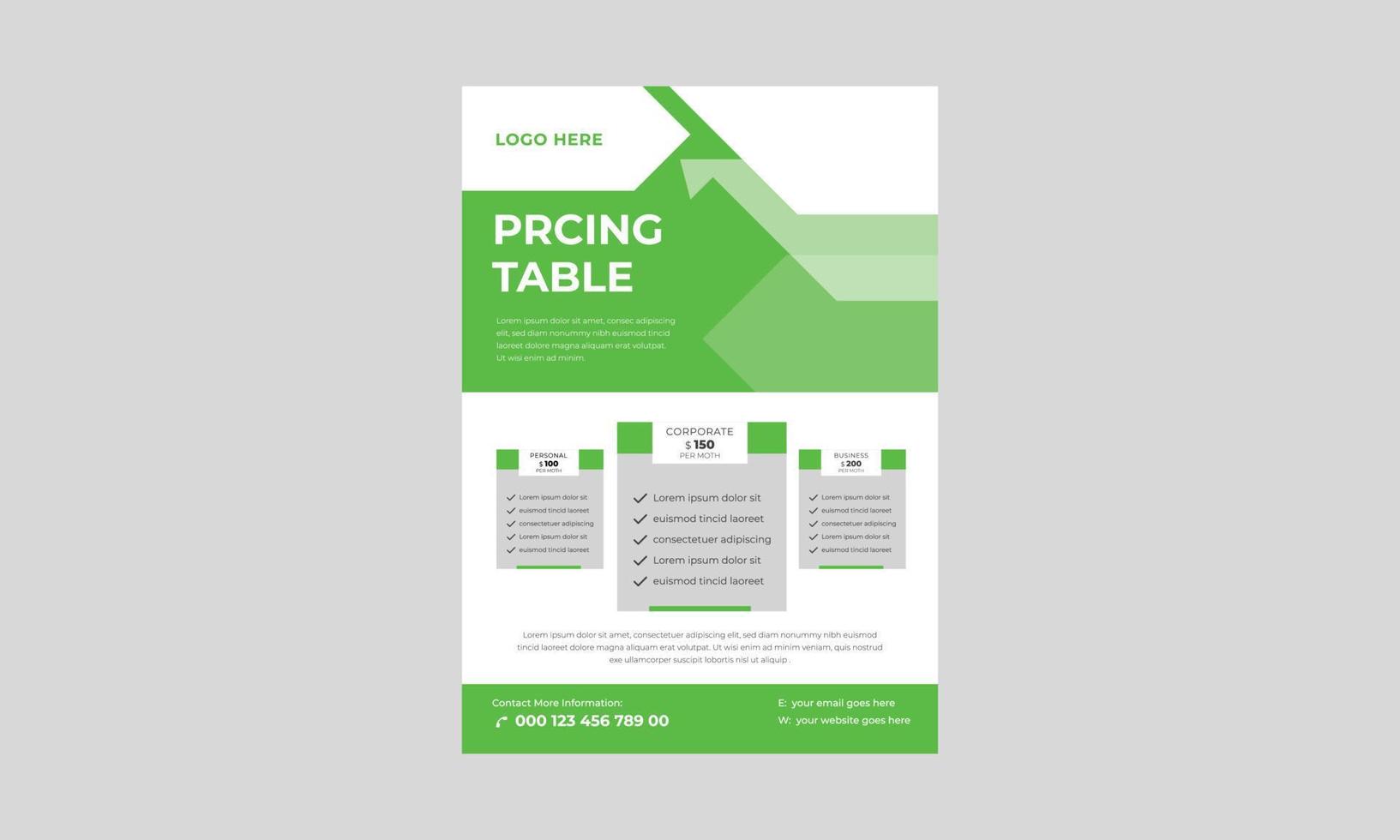 folleto de tabla de precios, el conjunto de planes de precios, comparación de precios o tabla de planes de productos, folleto de negocios de comparación de productos. vector