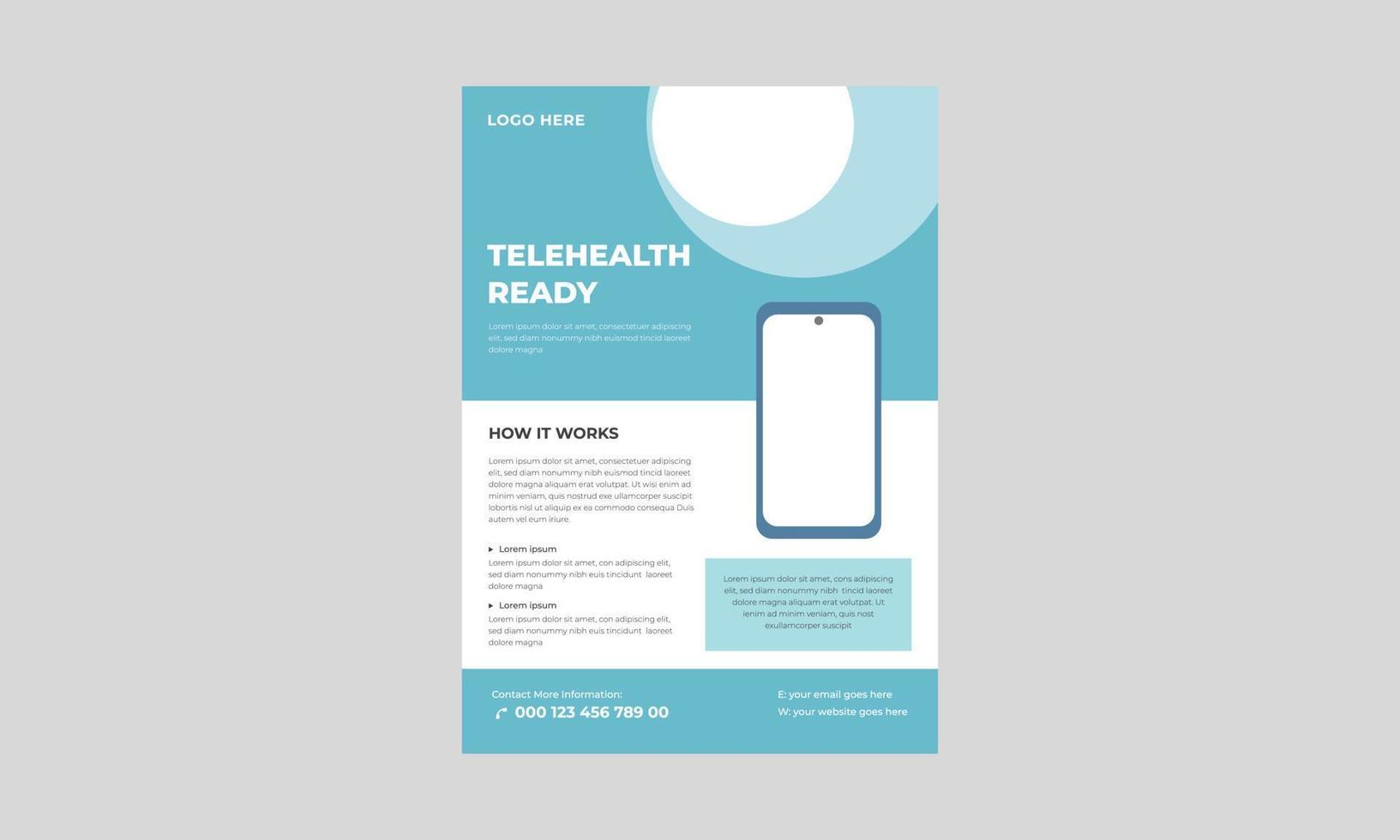 Telemedicine flyer template, Telehealth flyer design template, Remote healthcare services delivery. Flyer, booklet, leaflet print, cover design with linear icons. Vector