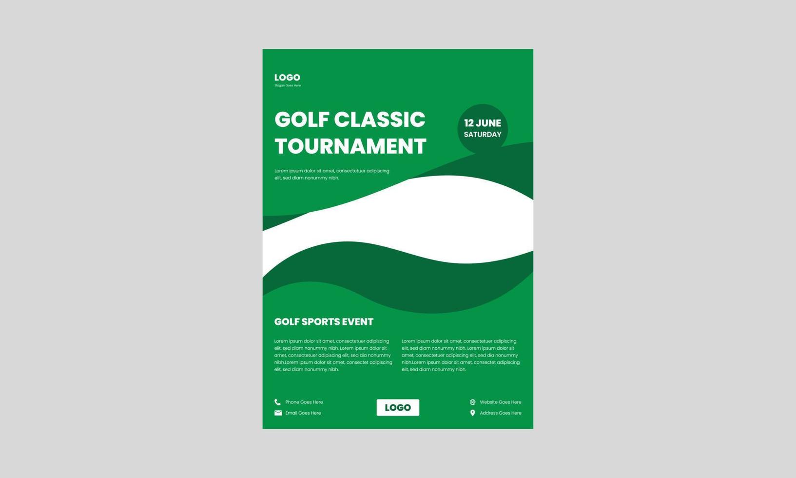 plantilla de volante de torneo de golf. diseño de volante de eventos deportivos de golf en color verde. vector