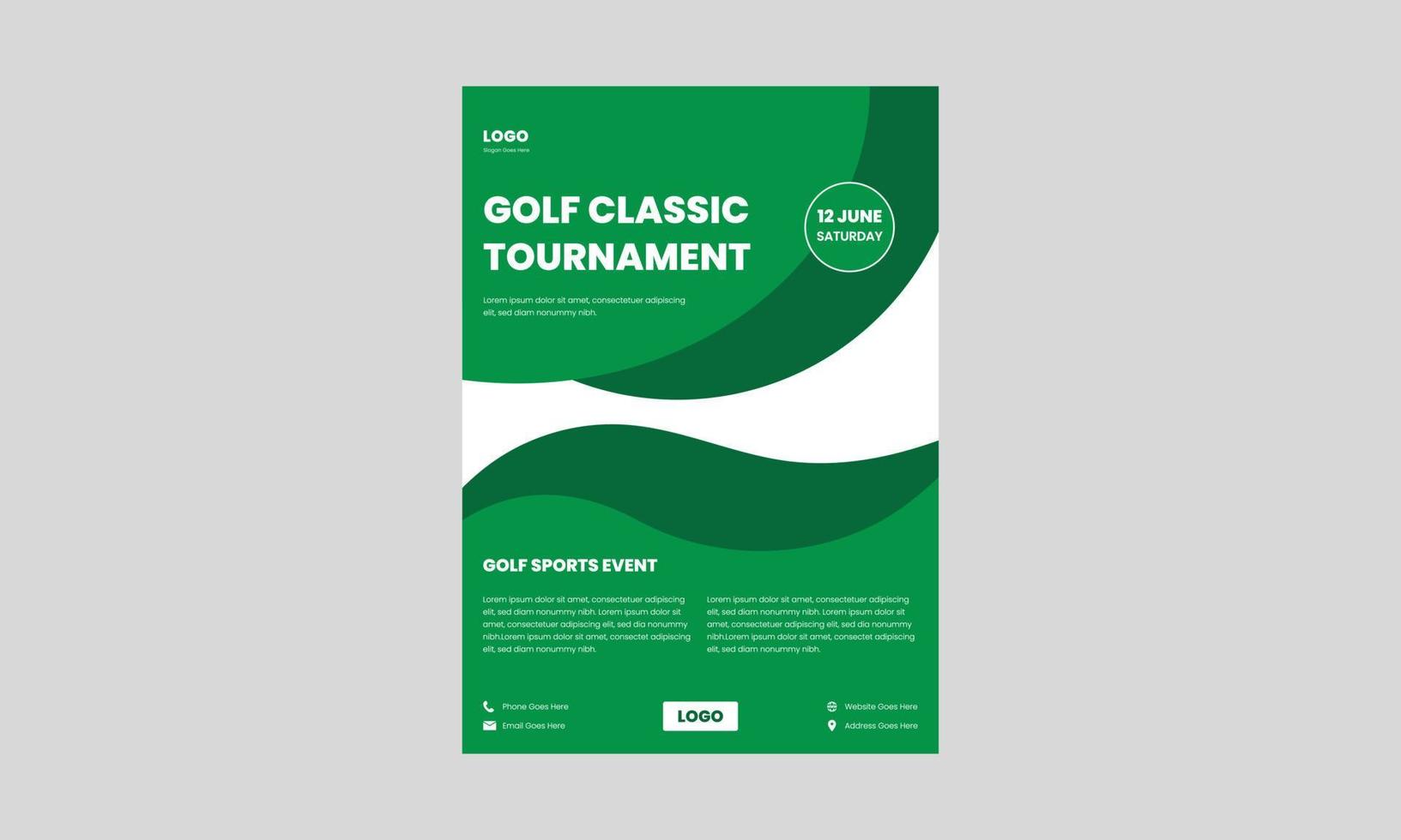 plantilla de volante de torneo de golf. diseño de volante de eventos deportivos de golf en color verde. vector