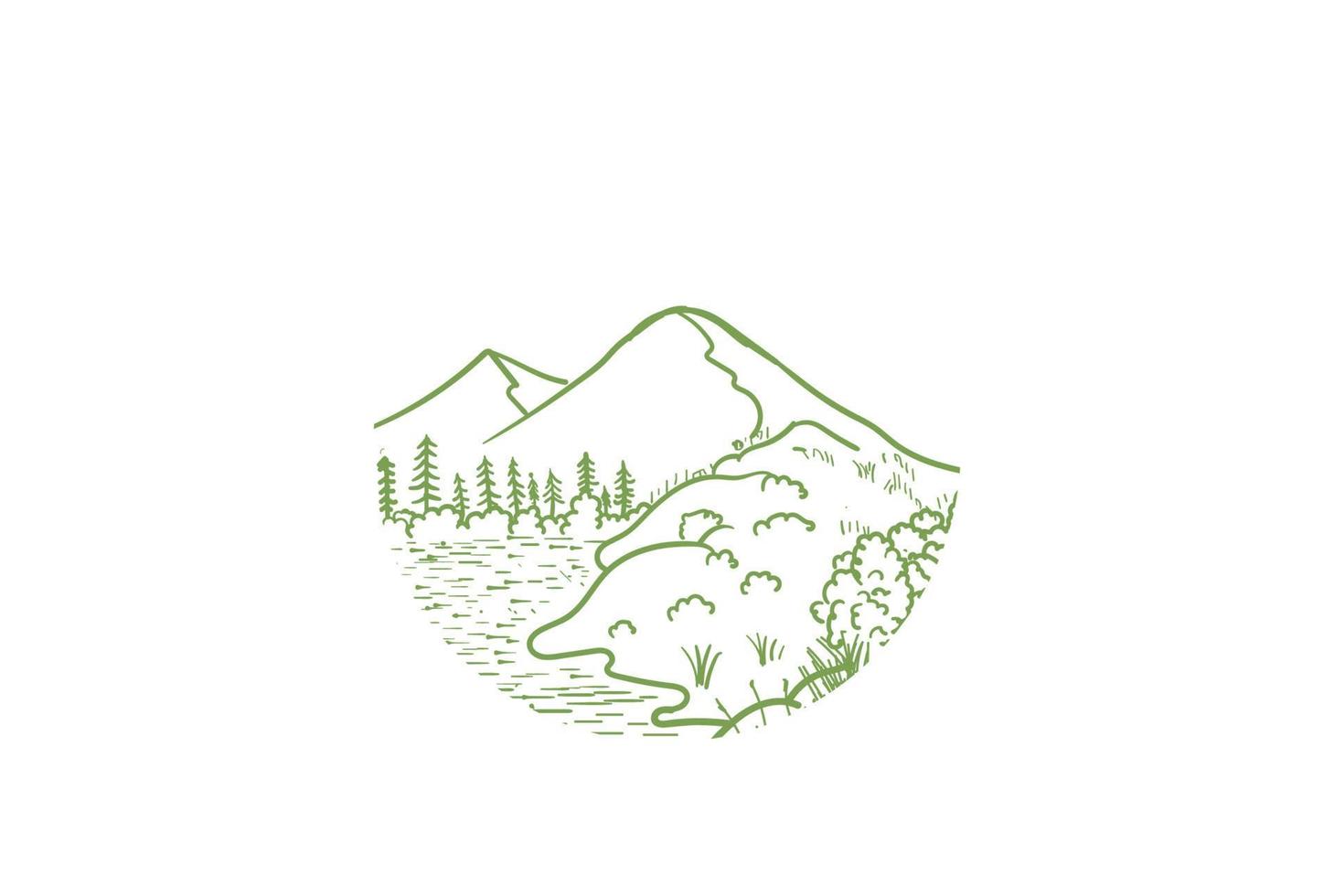 bosque de pinos de montaña con diseño de logotipo de lago, río, arroyo e isla vector