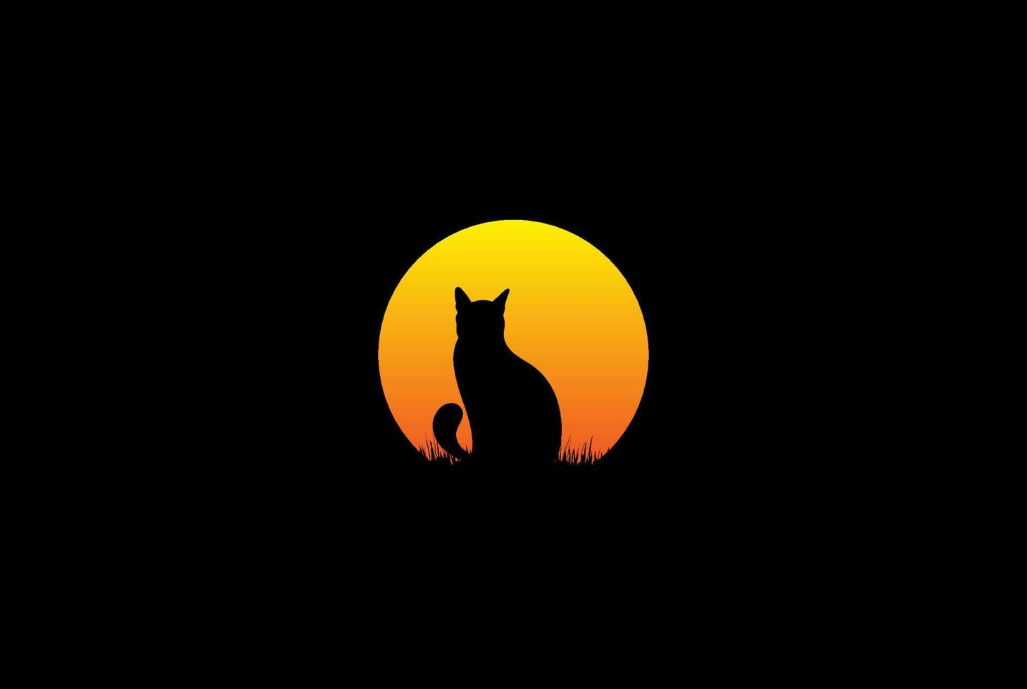 Sunset Sunrise Cat Silhouette with Grassland for Pet Logo Design vector