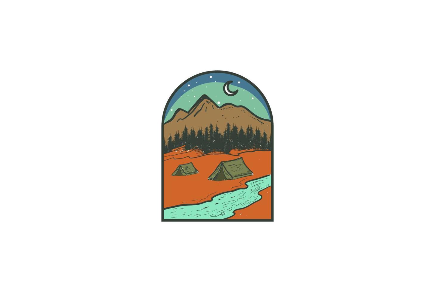 noche montaña pino siempre verde abeto conífera abeto alerce cipreses bosque con carpa campamento para aventura insignia emblema diseño de logotipo vector