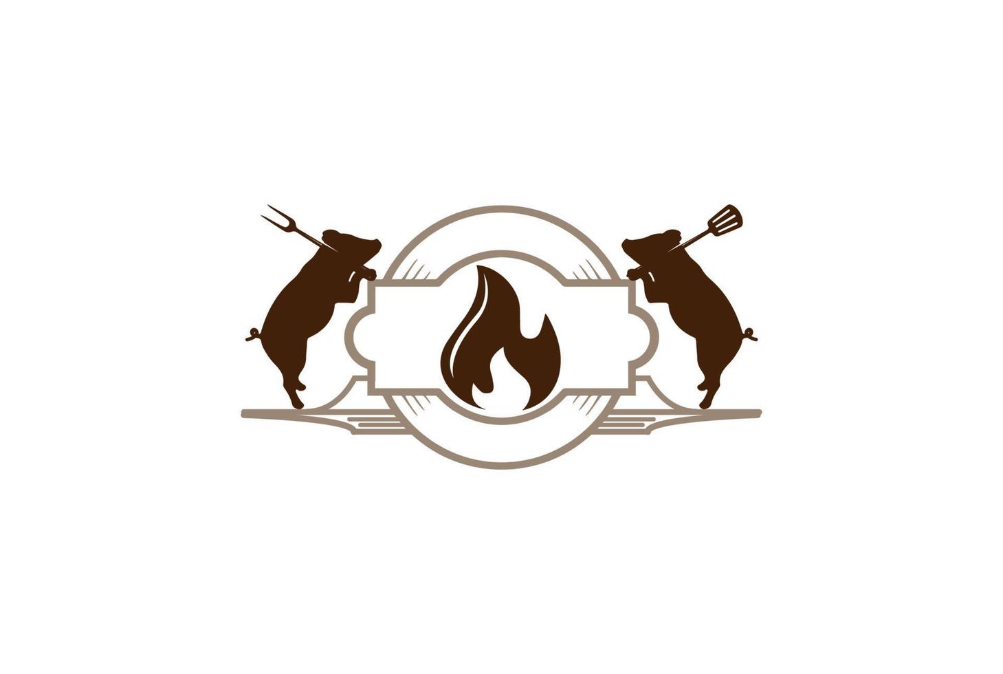 cerdo retro vintage con llama, espátula y tenedor para barbacoa parrilla insignia emblema etiqueta logotipo diseño vector