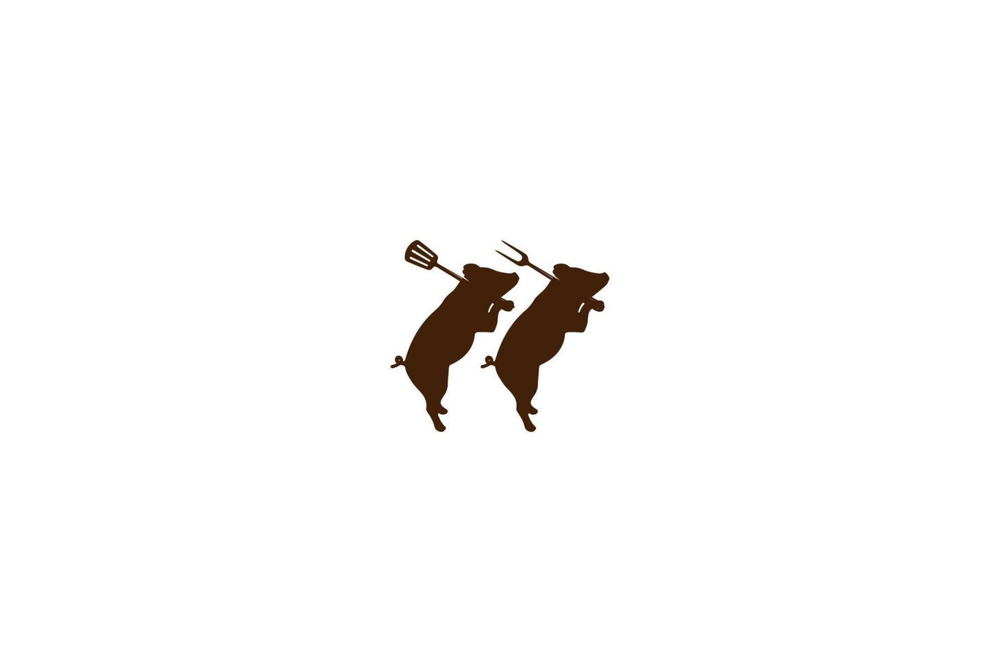 dos cerdos gemelos con tenedor y espátula para parrilla barbacoa vector de diseño de logotipo