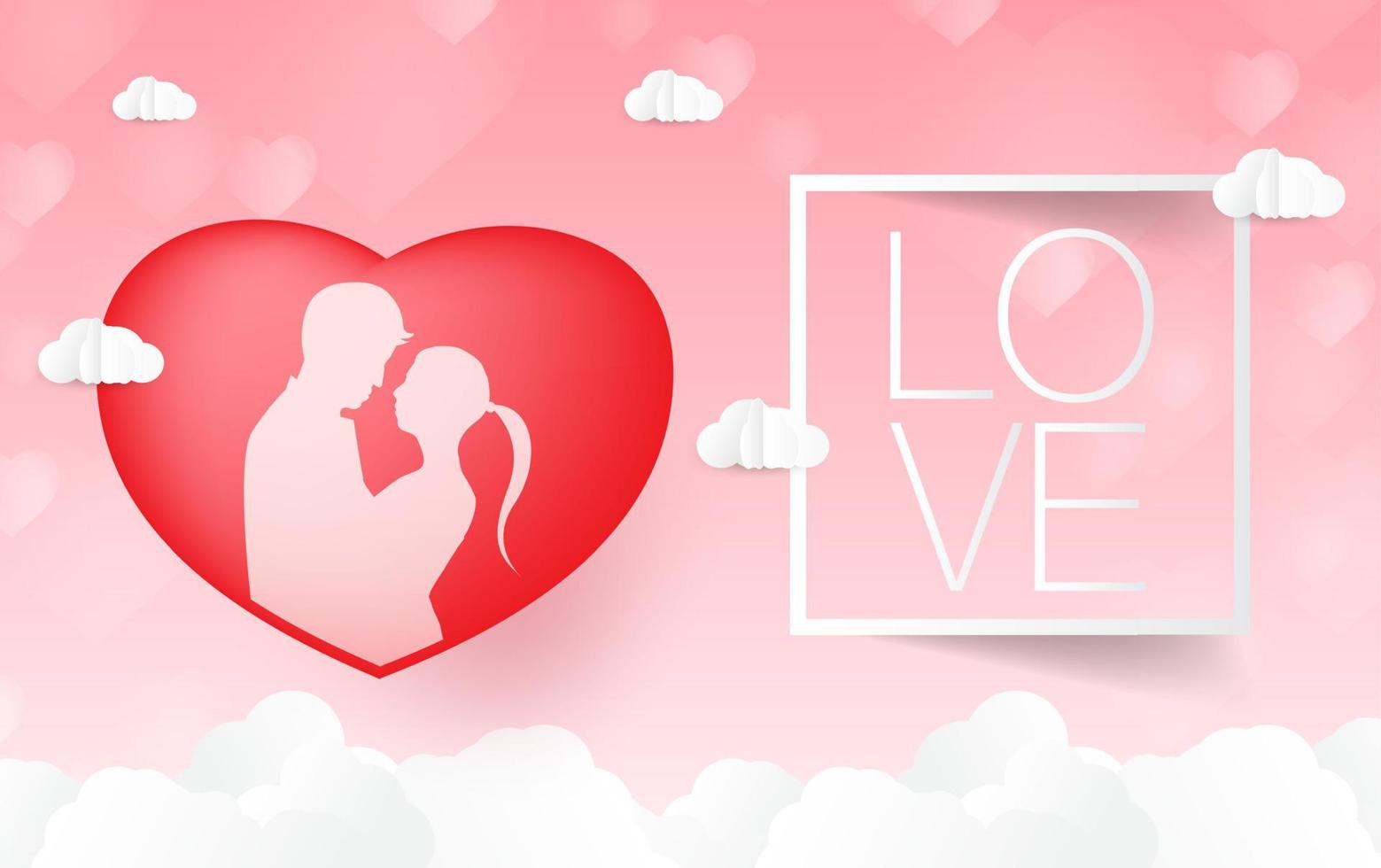 Love and Valentine day, Lovers stand and a paper art heart shape balloon floating in the sky. craft style. vector