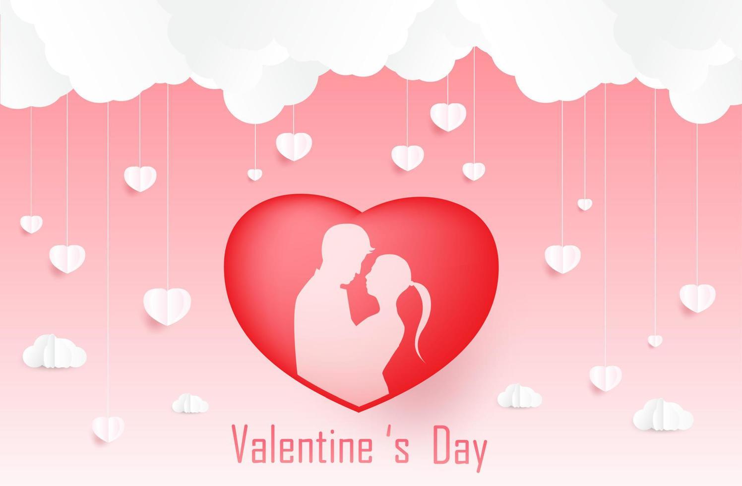 Love and Valentine day, Lovers stand and a paper art heart shape balloon floating in the sky. craft style. vector