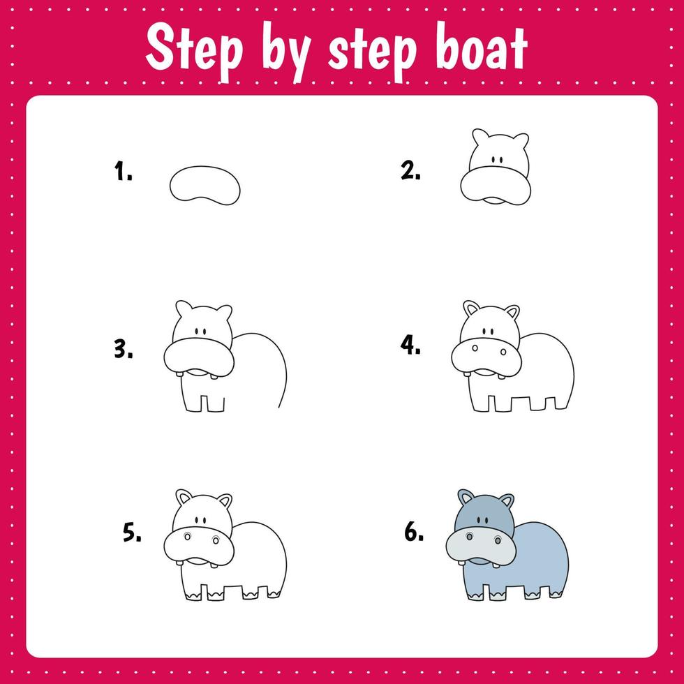 Drawing lesson for children. How to draw hippo. Drawing tutorial. Step by step repeats the picture. Kids activity art page for book. Vector illustration.