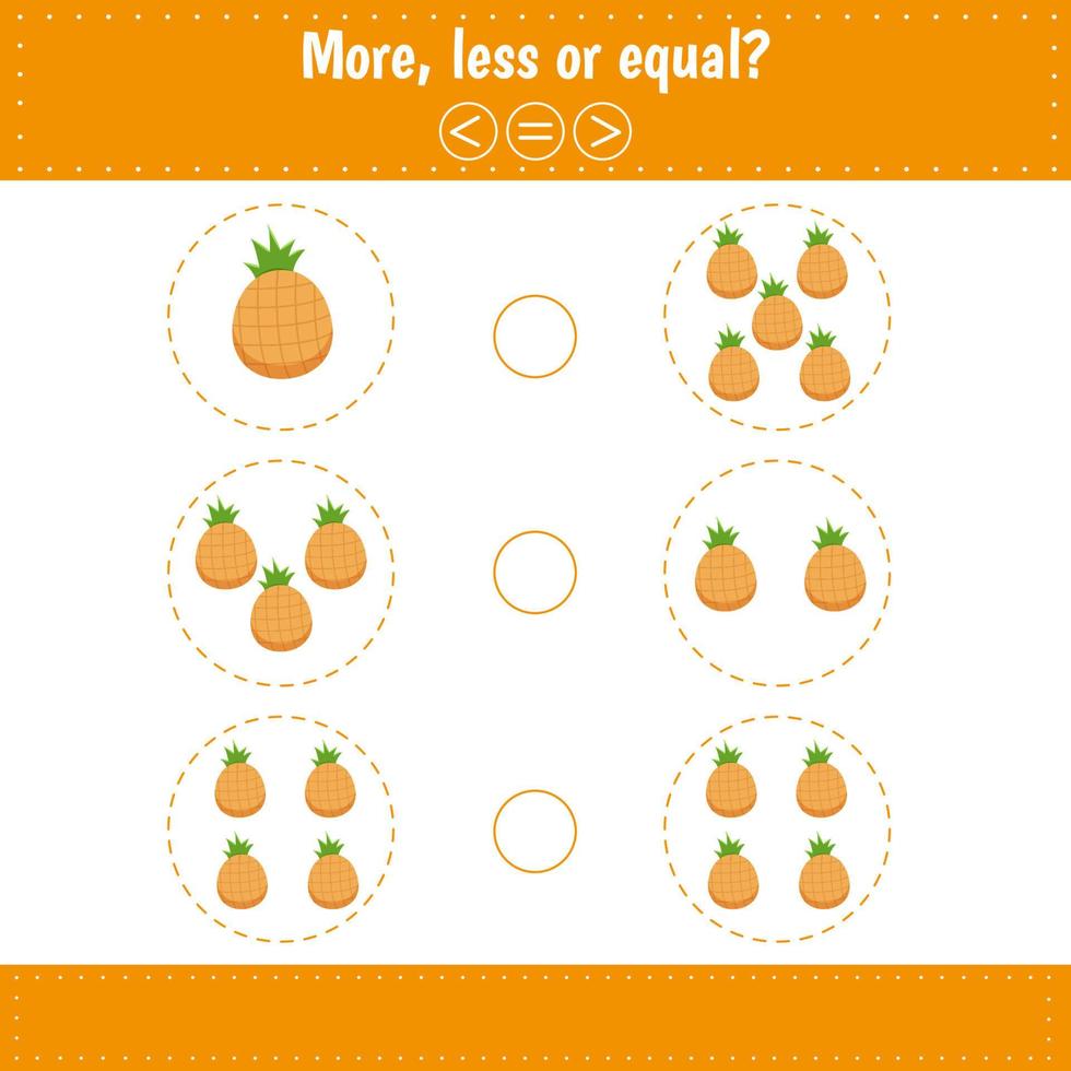 más, menos o igual. contar y comparar el número. hojas de trabajo para la educación de los niños. matemáticas vector