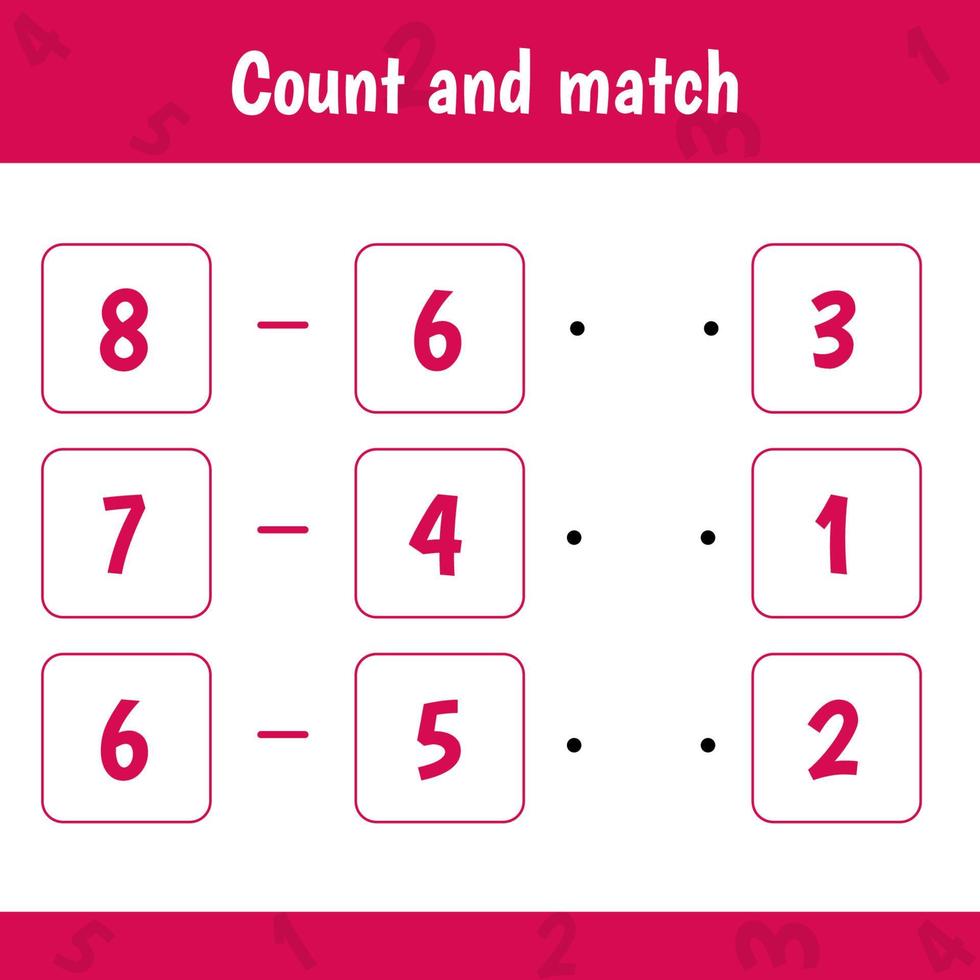 Educational worksheet for preschool kids. Count and match. Math game for children. vector