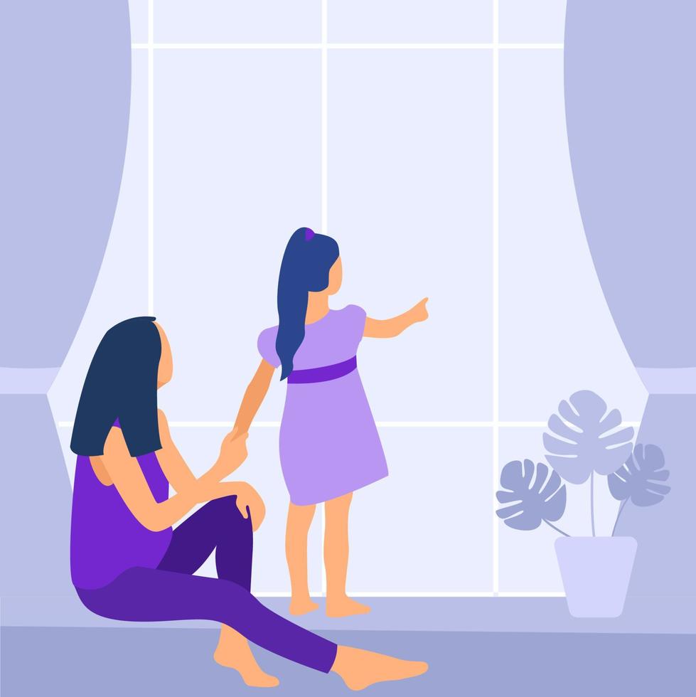 madre e hijo. mamá toma la mano de su hija con mucho amor y ternura. día de la madre, concepto de vacaciones. diseño de vector plano aislado de dibujos animados. ventana.