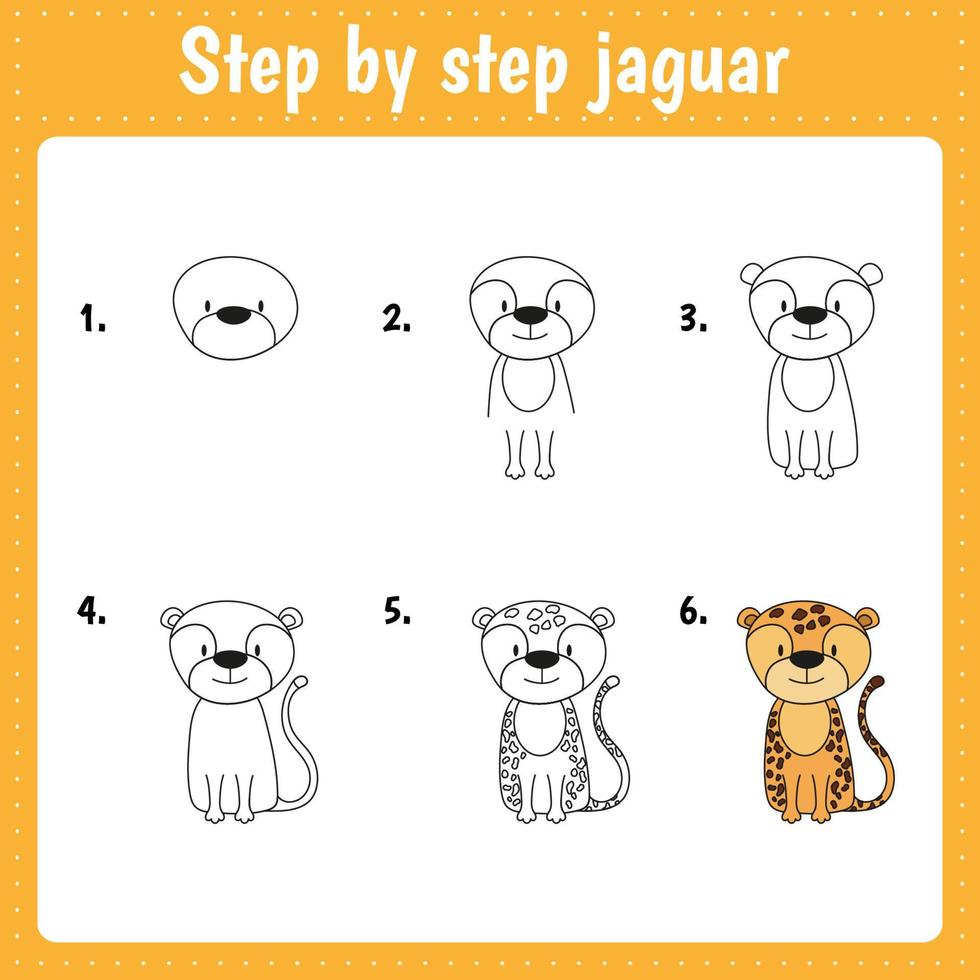 Drawing lesson for children. How draw jaguar. Drawing tutorial with funny animal. Step by step repeats the picture. Kids activity art page for book. Vector illustration.