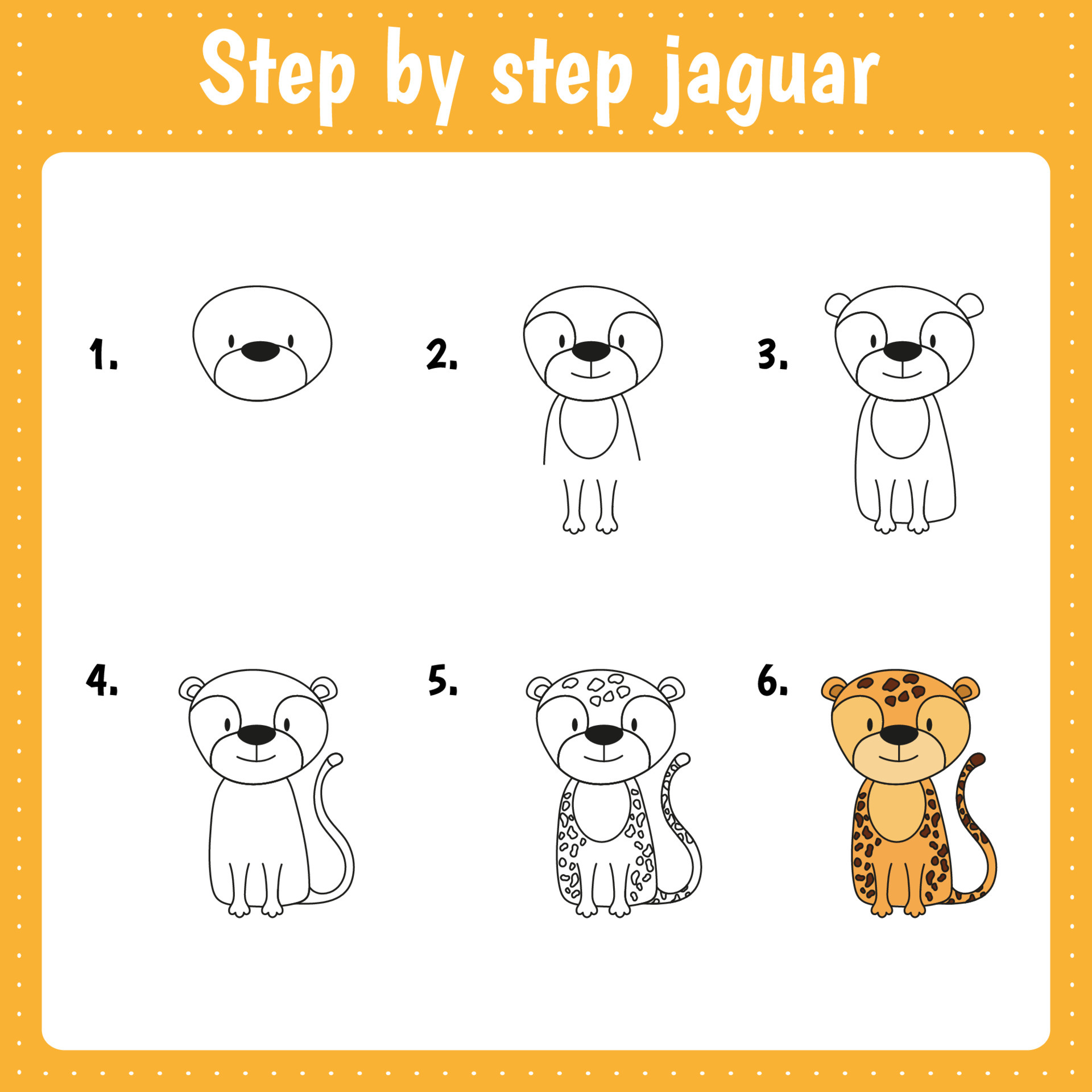 Drawing lesson for children. How draw jaguar. Drawing tutorial with
