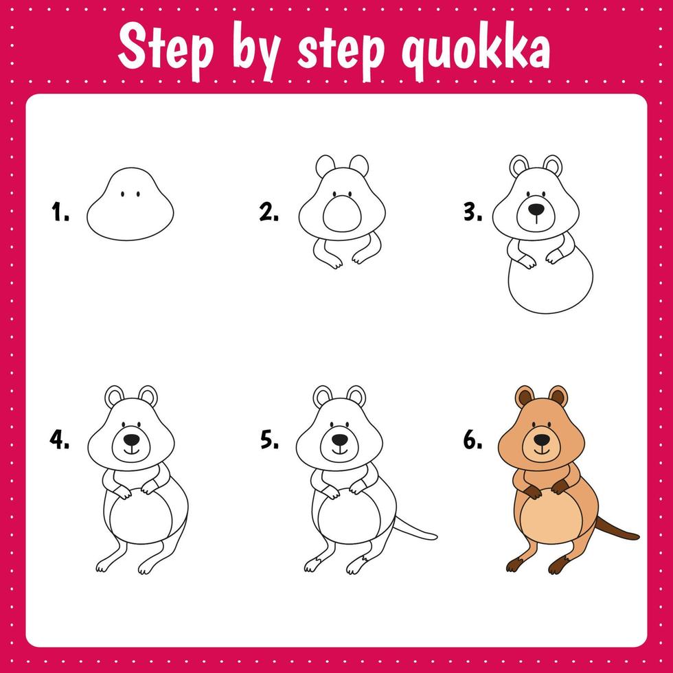 Drawing lesson for children. How draw quokka. Drawing tutorial with funny animal. Step by step repeats the picture. Kids activity art page for book. Vector illustration.