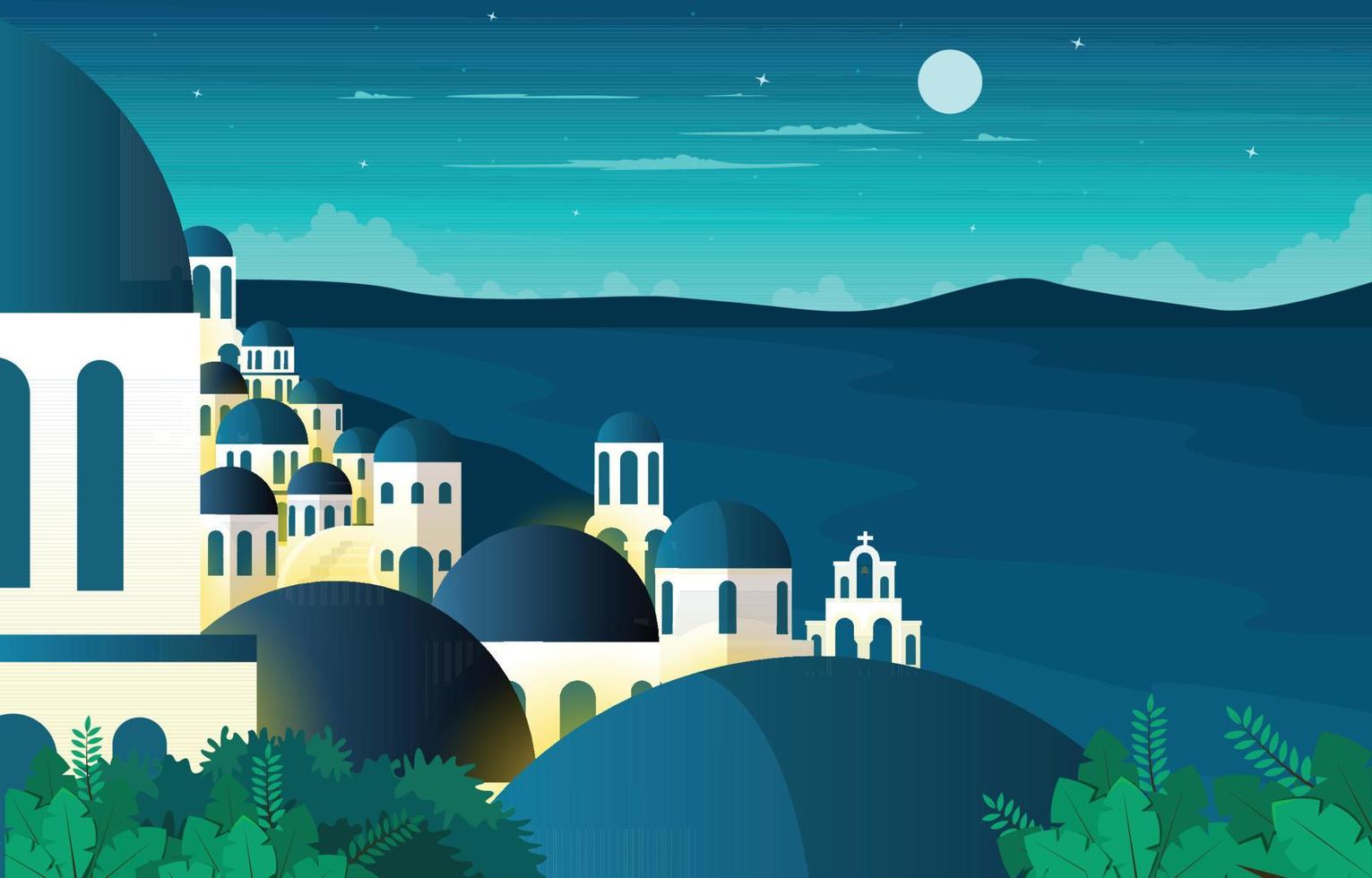 noche santorini mar paisaje griego verano vacaciones viajes turismo vista vector