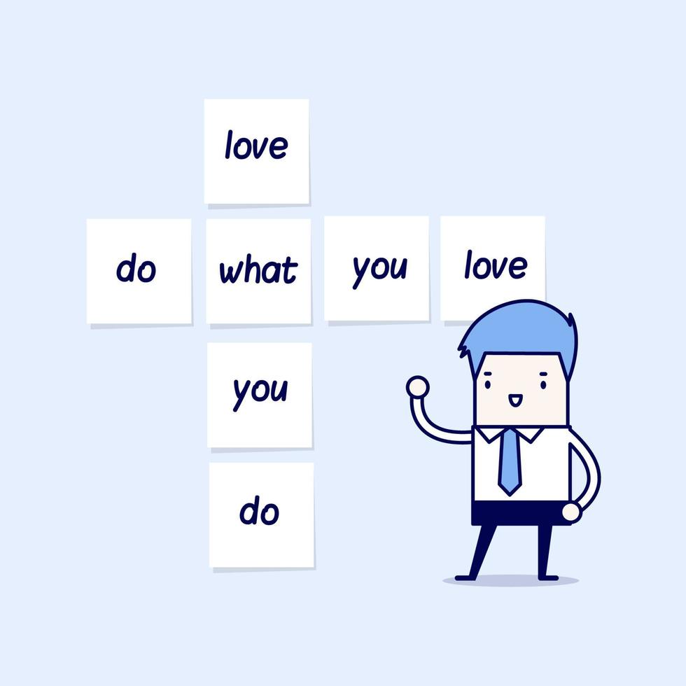 Businessman with do what you love sticky note. Cartoon character thin line style vector. vector