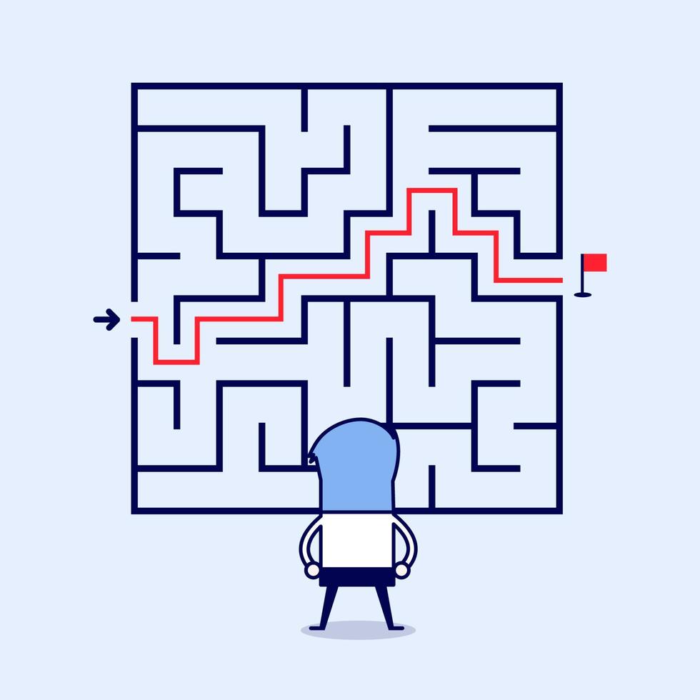 Businessman standing in front of a maze with a solution to success. Cartoon character thin line style vector. vector