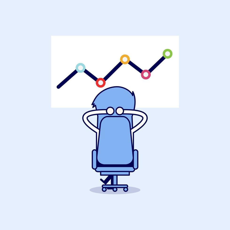 Businessman relaxing in his chair with growing graph. Cartoon character thin line style vector. vector