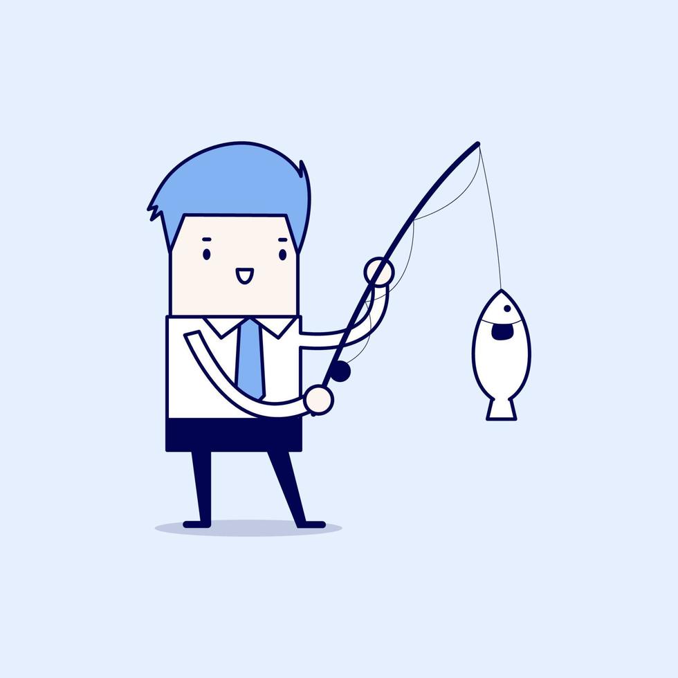 Businessman fishing a big fish. Cartoon character thin line style vector. vector