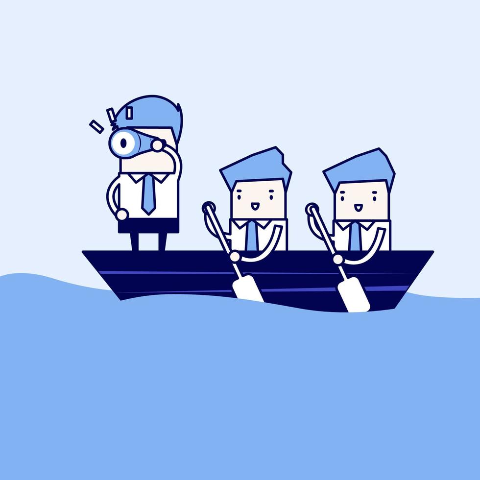 Businessmen in rowing boat two rowers one captain manager boss leader. Cartoon character thin line style vector. vector