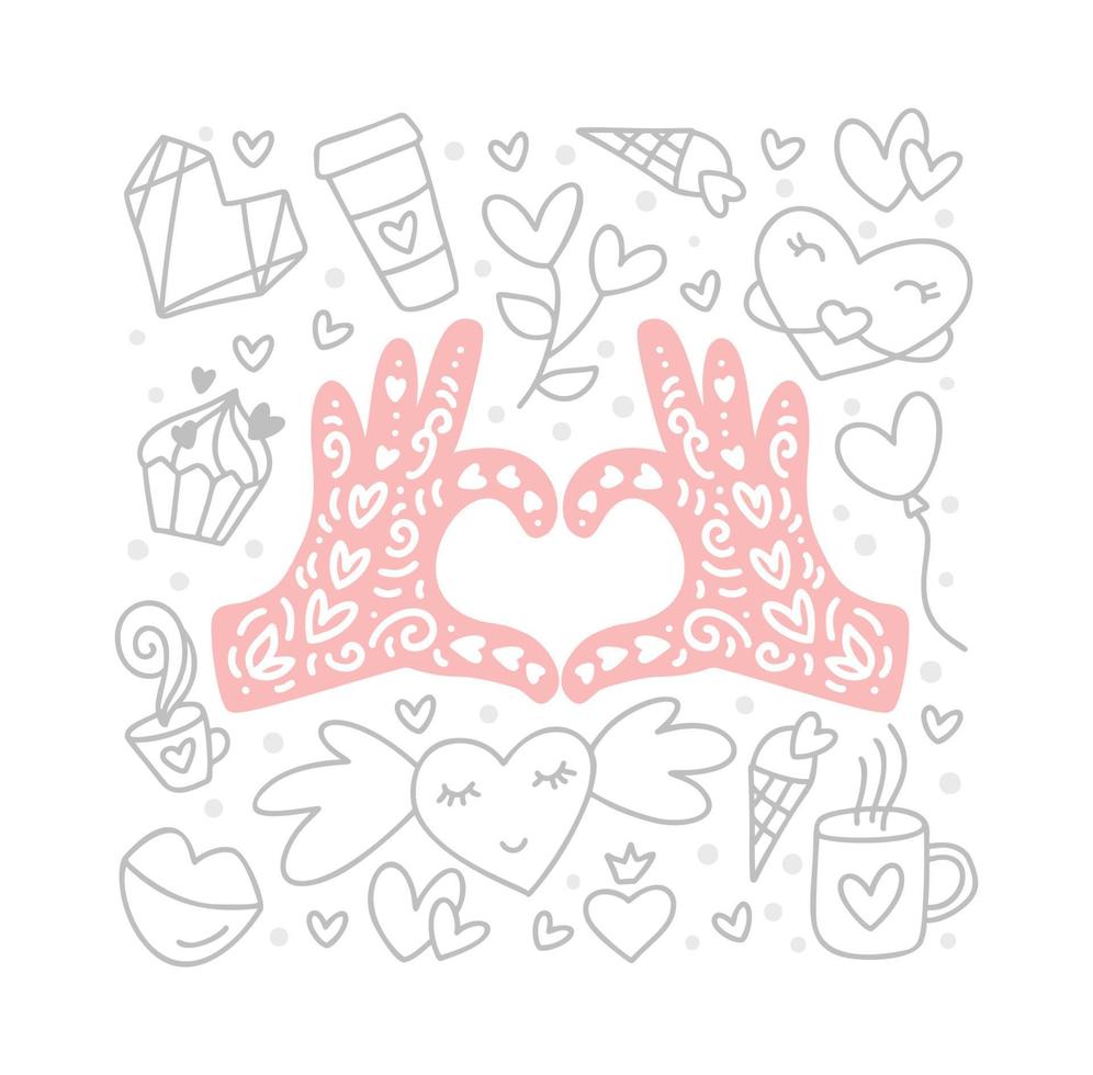 Valentines day vintage doodle vector elements and hands in form of heart in center. Hand drawn love poster, diamond, envelope, cake, cup. Romantic illustration quote greeting card