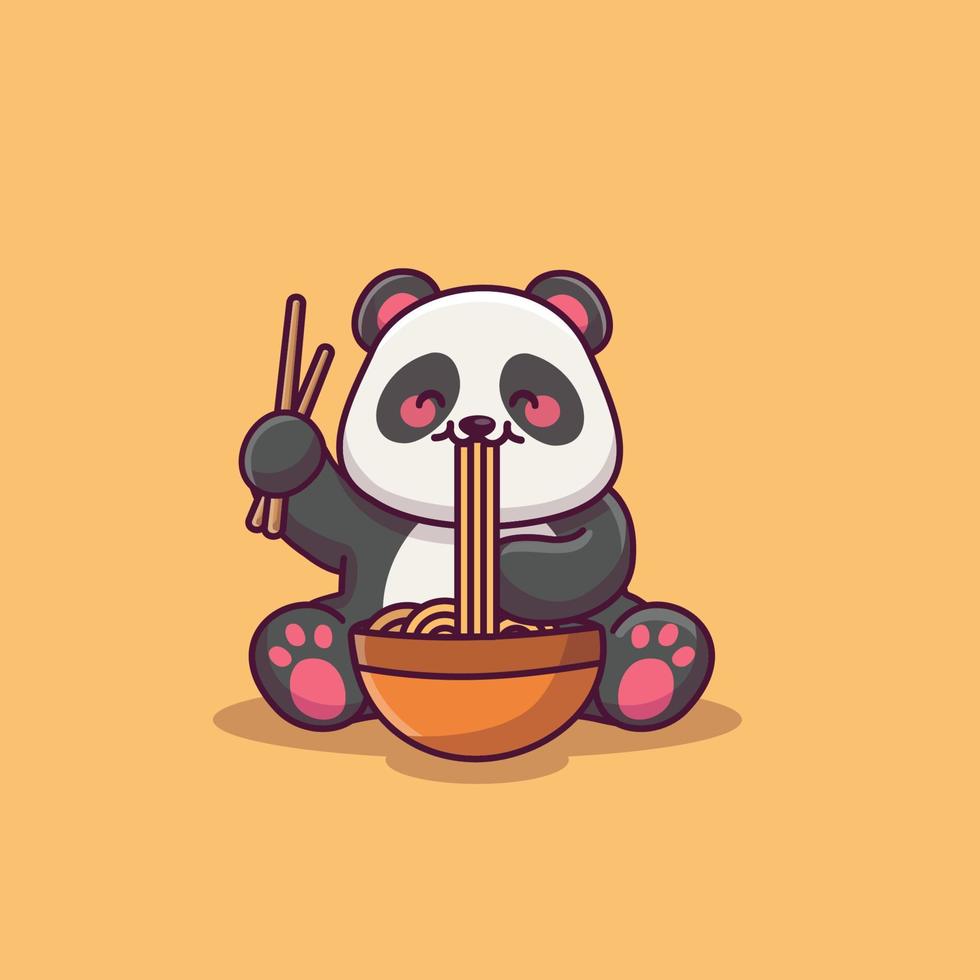 lindo panda comiendo dibujos animados de fideos ramen vector