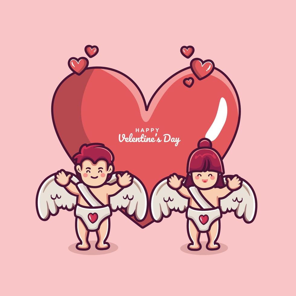 feliz día de san valentín fondo con pareja cupido y gran amor de corazón vector