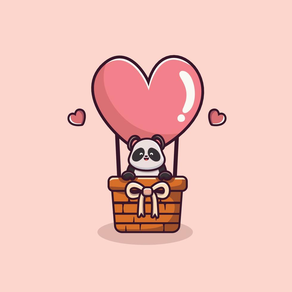 Cute panda with heart balloon cartoon. Valentine's day panda bear in rising hot air love balloon vector illustration