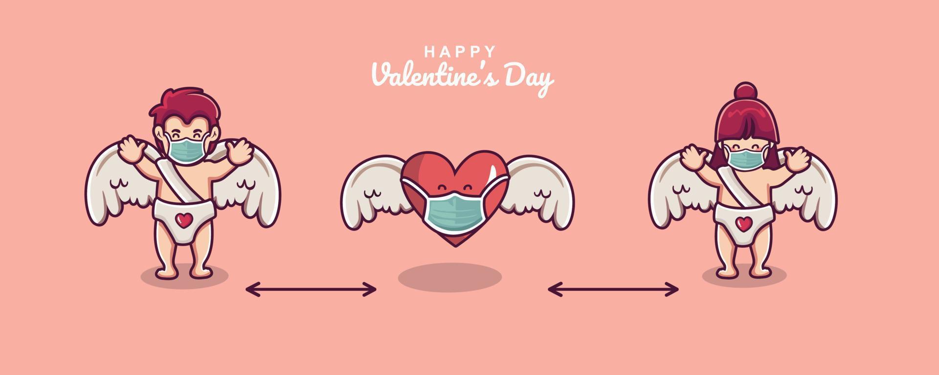cute valentines character wearing medical mask with social distancing concept vector