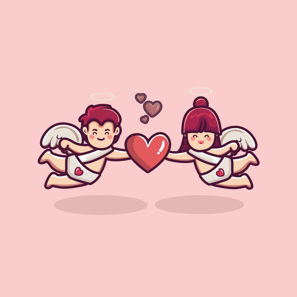 cute couple of cupid holding love heart vector