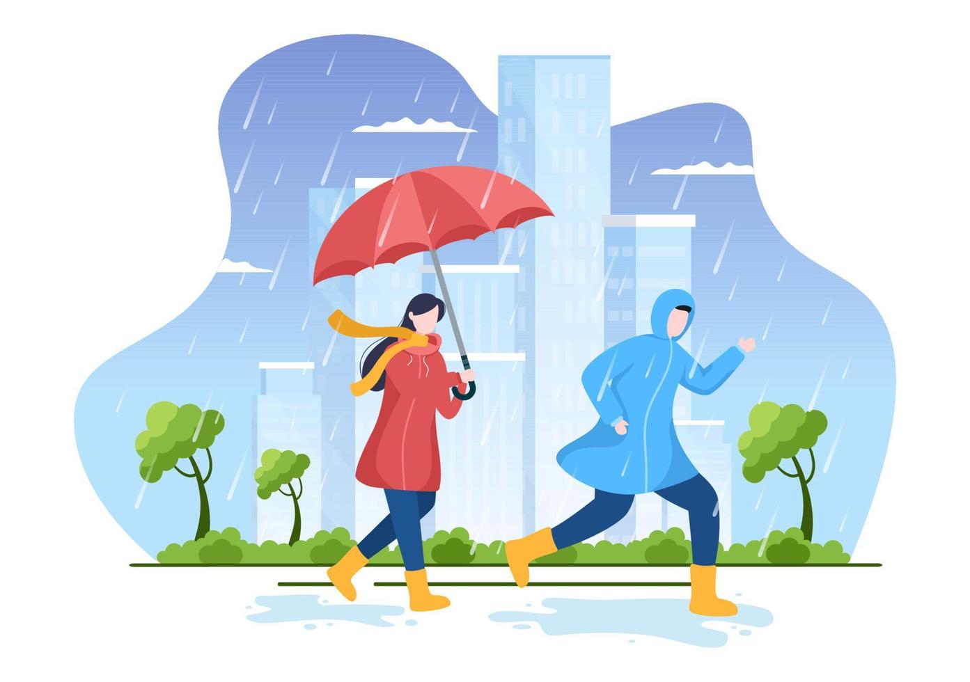 gente con impermeable, botas de goma y paraguas en medio de una tormenta de lluvia. ilustración de vector de dibujos animados de fondo plano para pancarta o póster