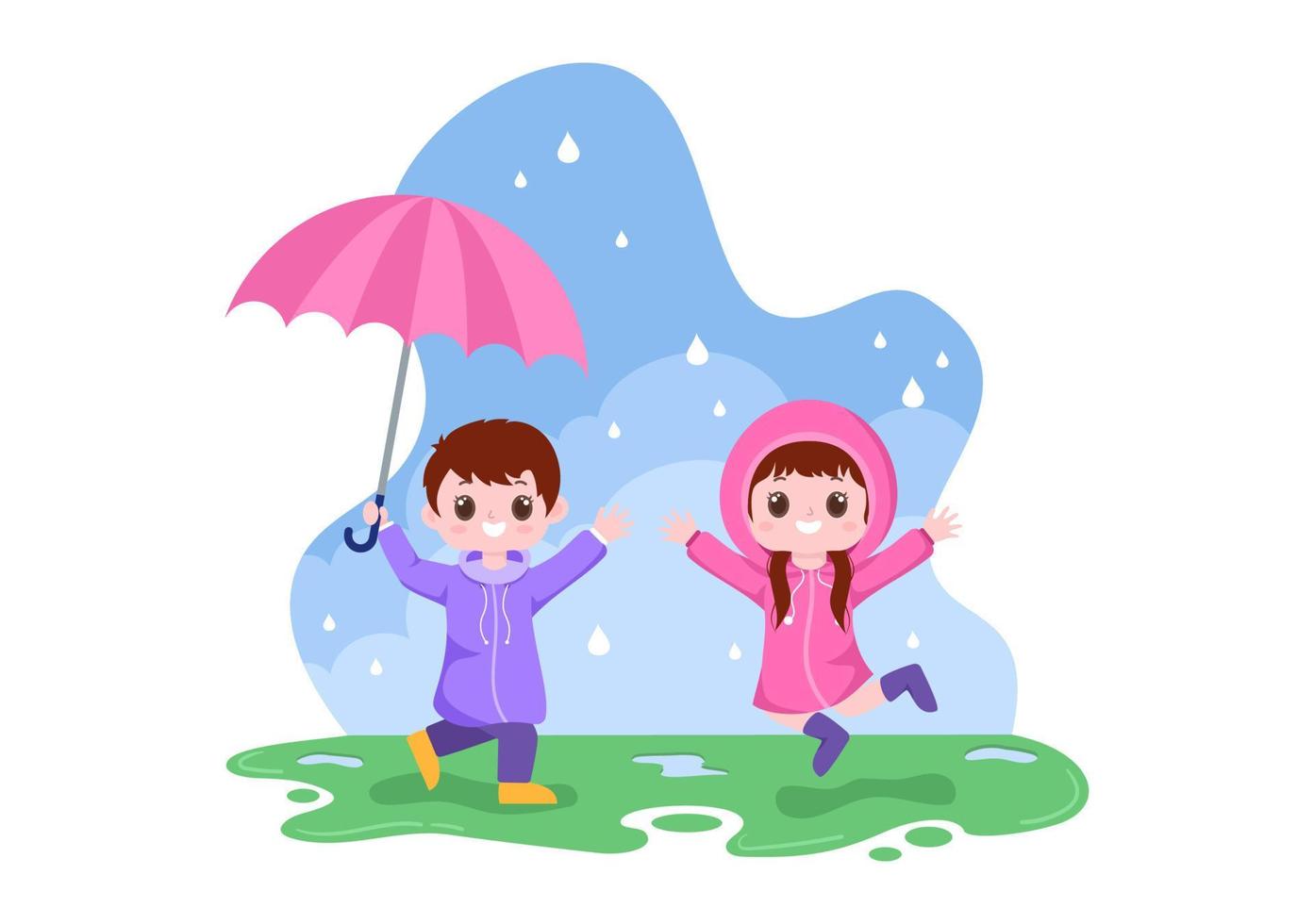 niño lindo con impermeable, botas de goma y paraguas en medio de las lluvias. ilustración de vector de dibujos animados de fondo plano para pancarta o póster