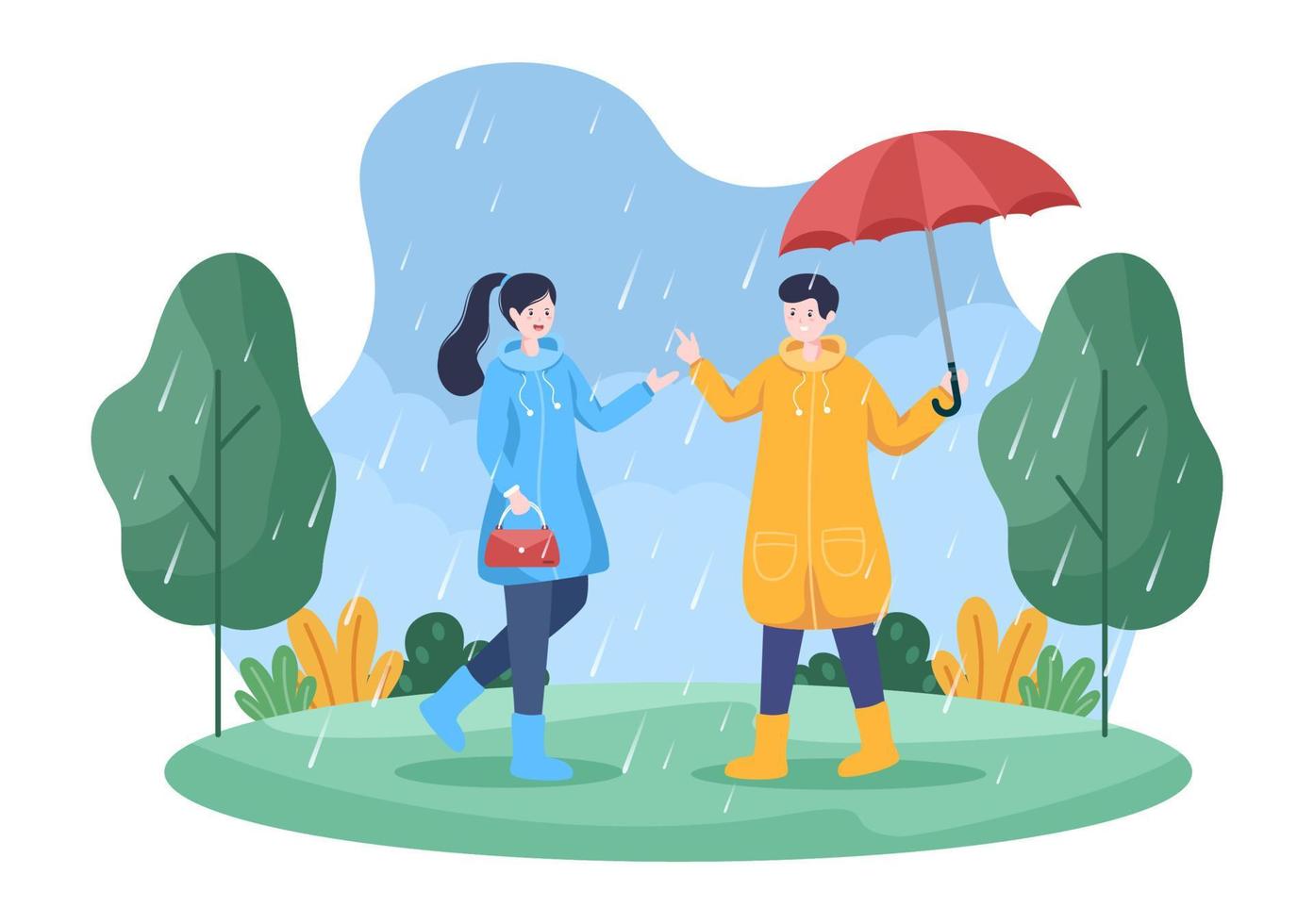 gente con impermeable, botas de goma y paraguas en medio de una tormenta de lluvia. ilustración de vector de dibujos animados de fondo plano para pancarta o póster