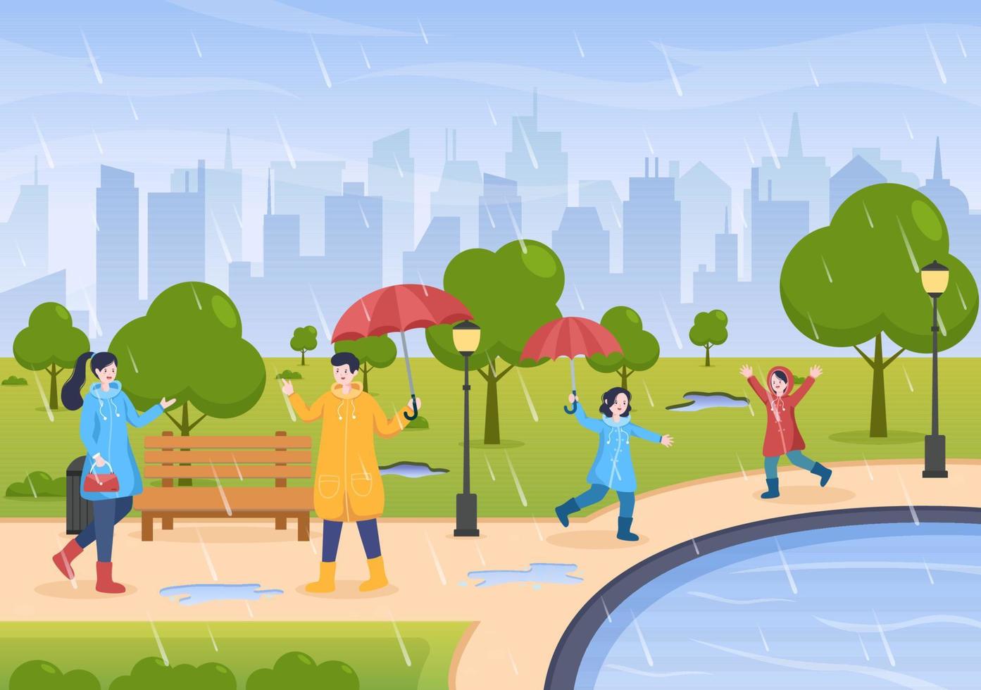 People Wearing Raincoat, Rubber Boots and Carrying Umbrella In the Middle of Rain Showers Storm. Flat Background Cartoon Vector Illustration for Banner or Poster