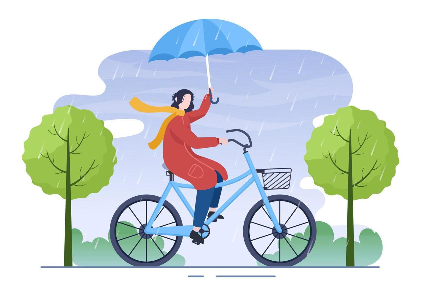 People Wearing Raincoat, Rubber Boots and Carrying Umbrella In the Middle of Rain Showers Storm. Flat Background Cartoon Vector Illustration for Banner or Poster