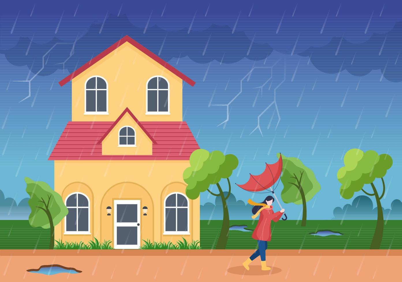 People Wearing Raincoat, Rubber Boots and Carrying Umbrella In the Middle of Rain Showers Storm. Flat Background Cartoon Vector Illustration for Banner or Poster